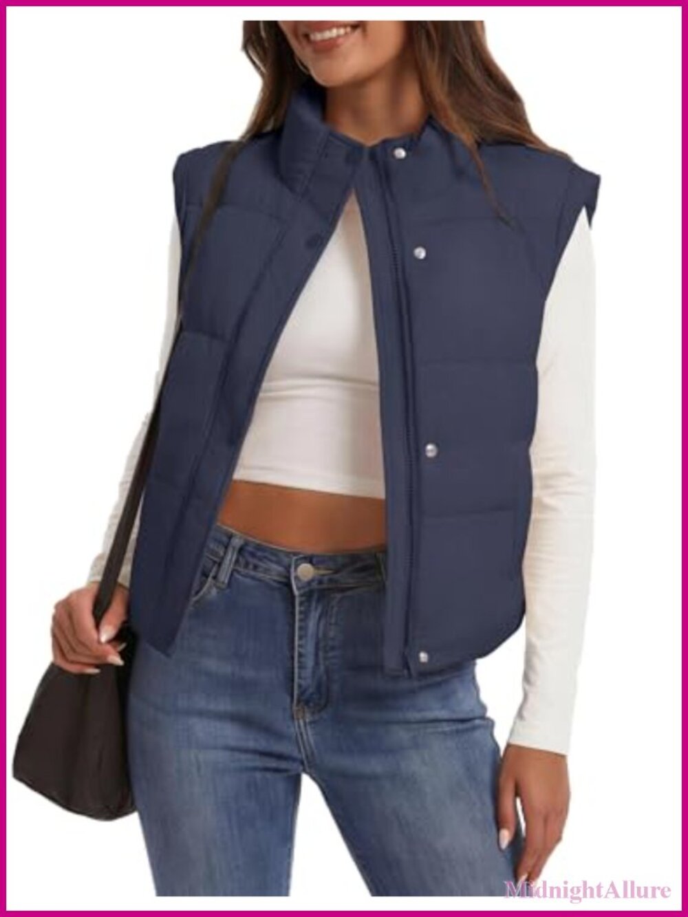 Womens Cropped Puffer Vest Sleeveless Lightweight Quilted Zip Snap Zip Pocket
